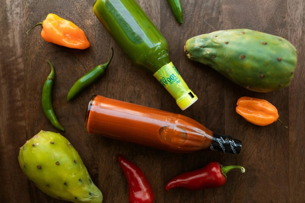 Hot Sauce in bottles on table