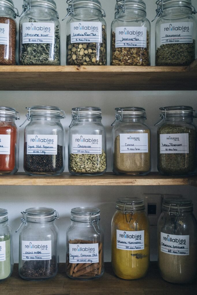 herbs and spices in a cabinet