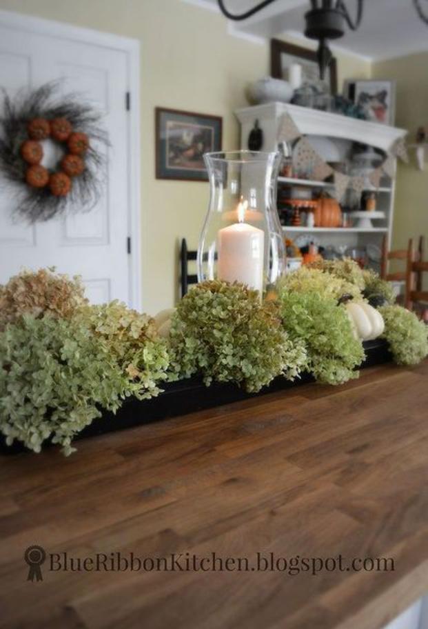 centerpieces from garden can use dried flowers like hydrangeas.