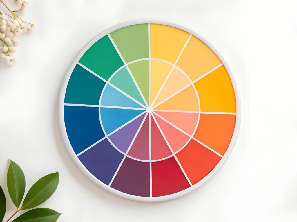 Color Wheel Chart with Green Leaves and White Flowers on White Background Basic Garden Design Principles of color can be seen on this color wheel